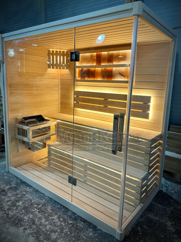 Трехместная прямая финская «Элит» сауна кабина из кедра и липы с электрокаменкой